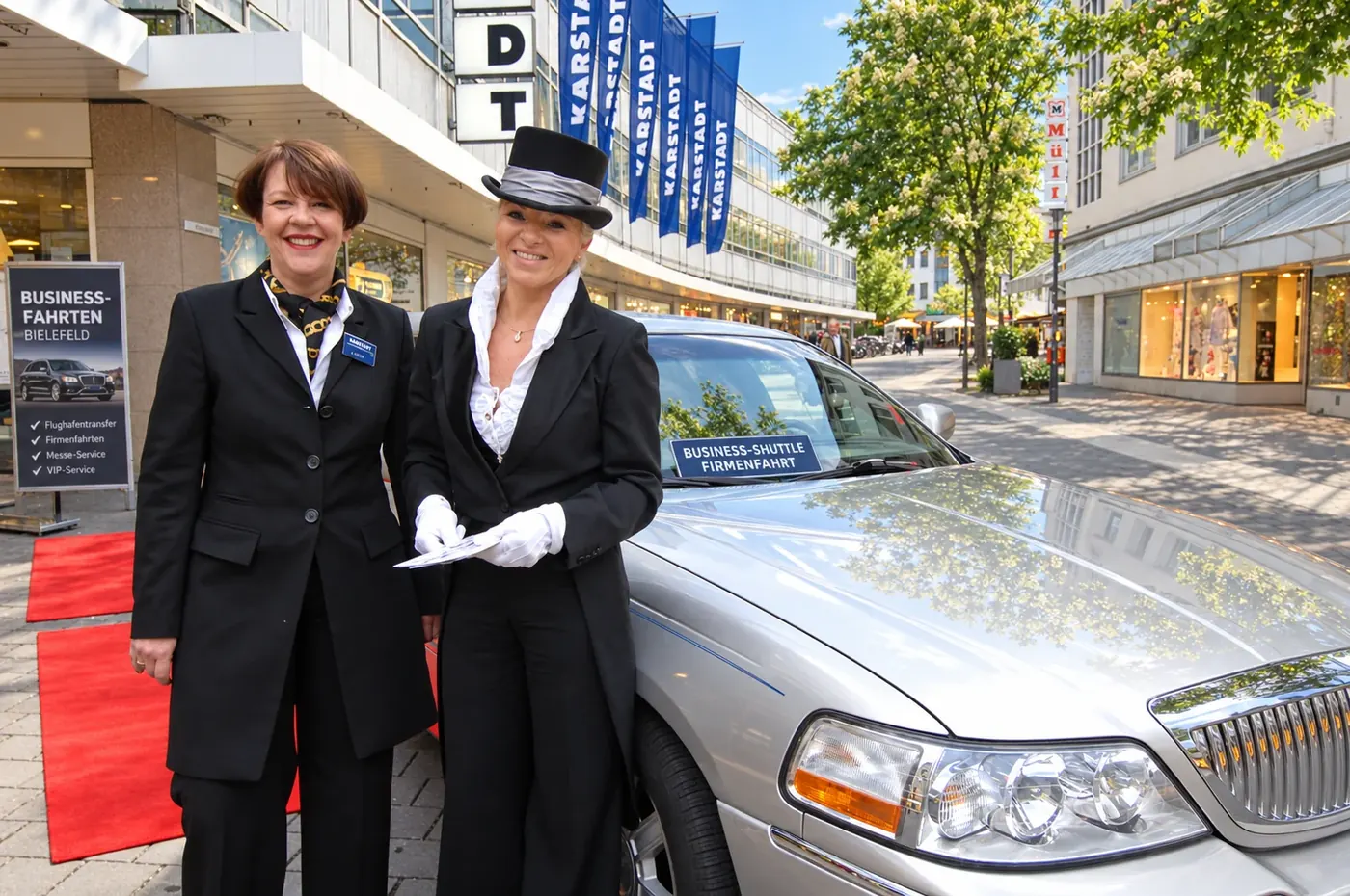 Chauffeurin Bettina Rössiger mit Geschäftskundin vor der Limousine