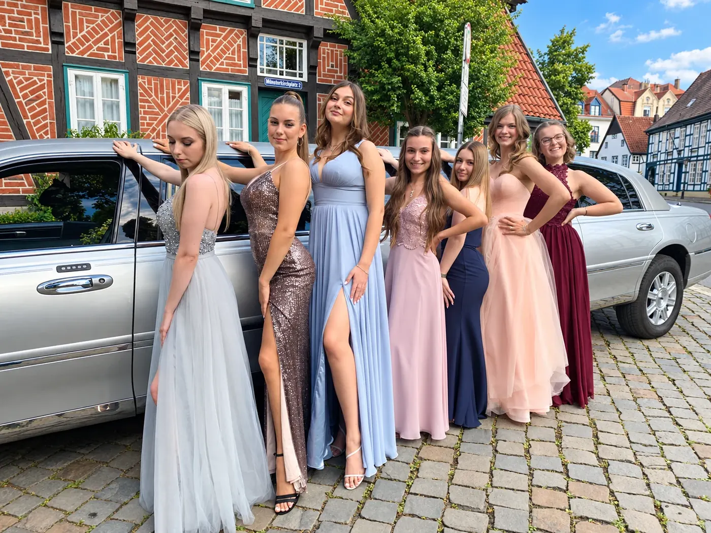 Junggesellenabschied: Gruppe in Abendkleidern vor der Stretchlimousine