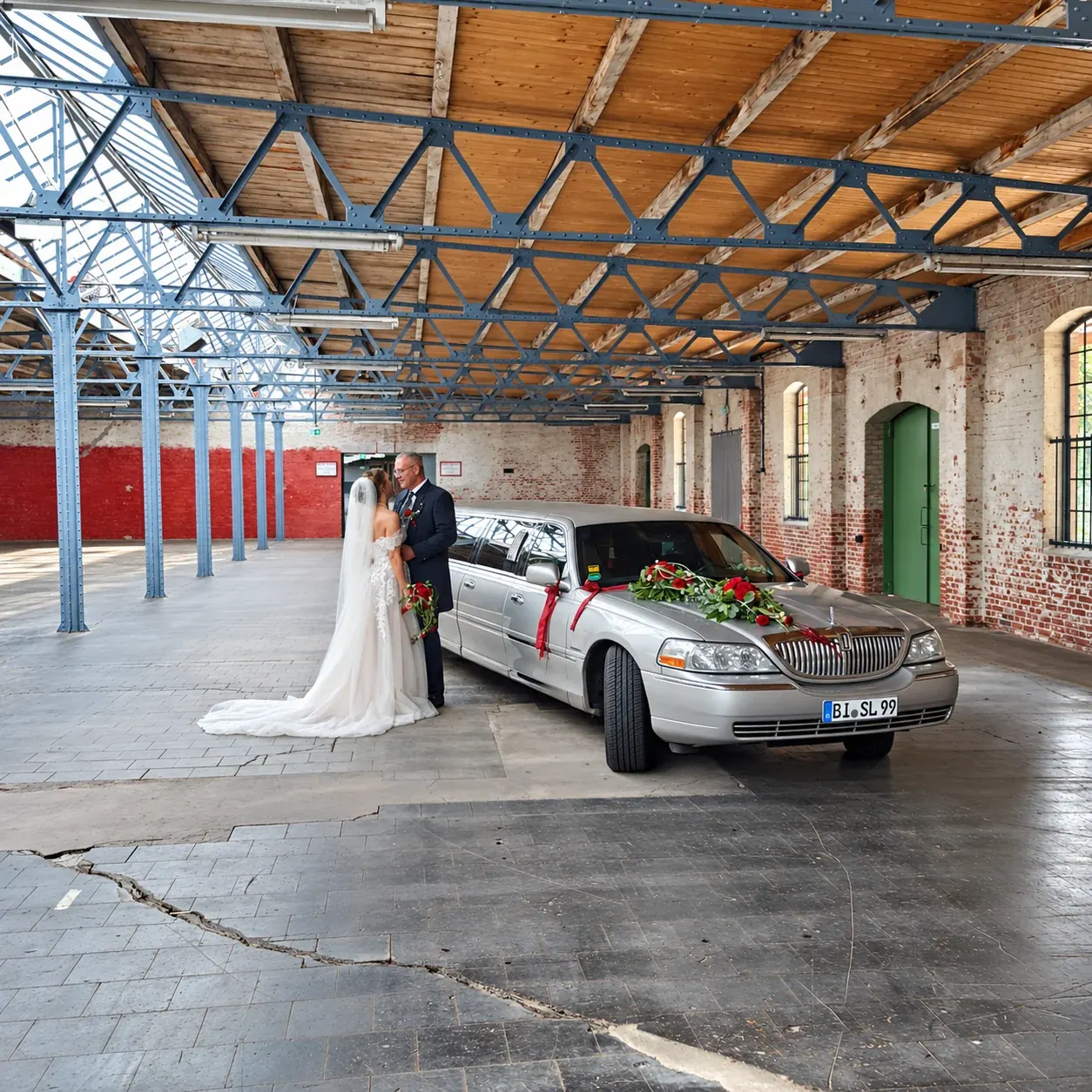 Braut neben der Stretchlimousine in einer alten Fabrikhalle